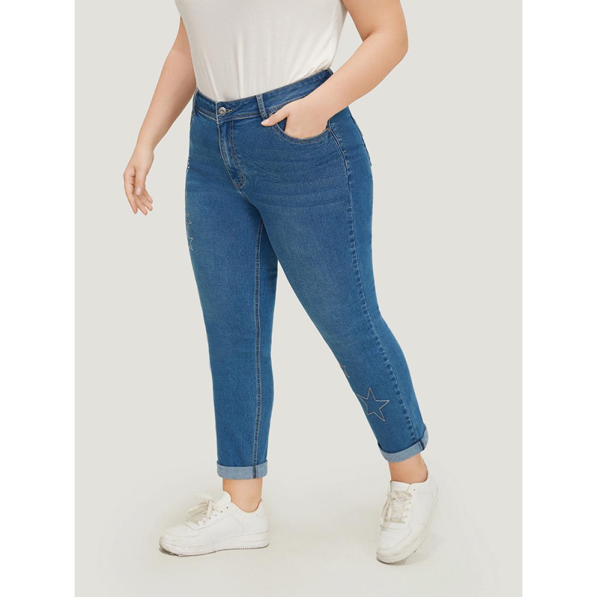 Plus Size Very Stretchy High Rise Moon & Star Embroidered Jeans Women Blue Casual Star and moon Roll Hem High stretch Pocket Jeans BloomChic 28/5X Product Image