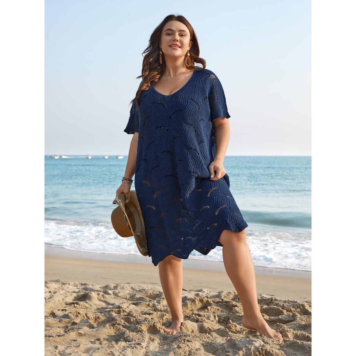 Plus Size Cut-Out Solid V-Neck Swimsuit Coverup Women's Swimwear Indigo Resort Loose Texture Curve Swim Cover Ups BloomChic 22-24/3X Product Image