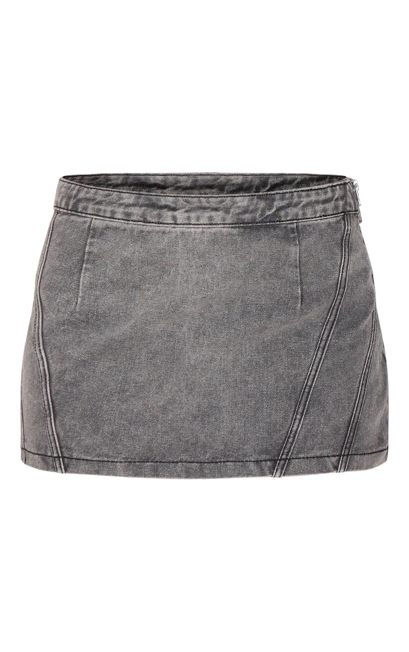 Washed Grey Biker Waistband Detail Denim Mini Skirt Product Image