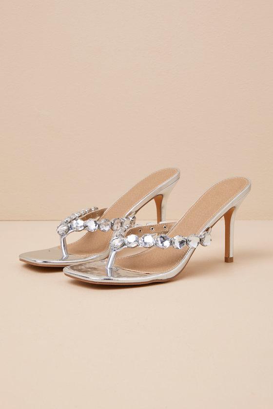 Deslie Silver Rhinestone Thong High Heel Sandals Product Image