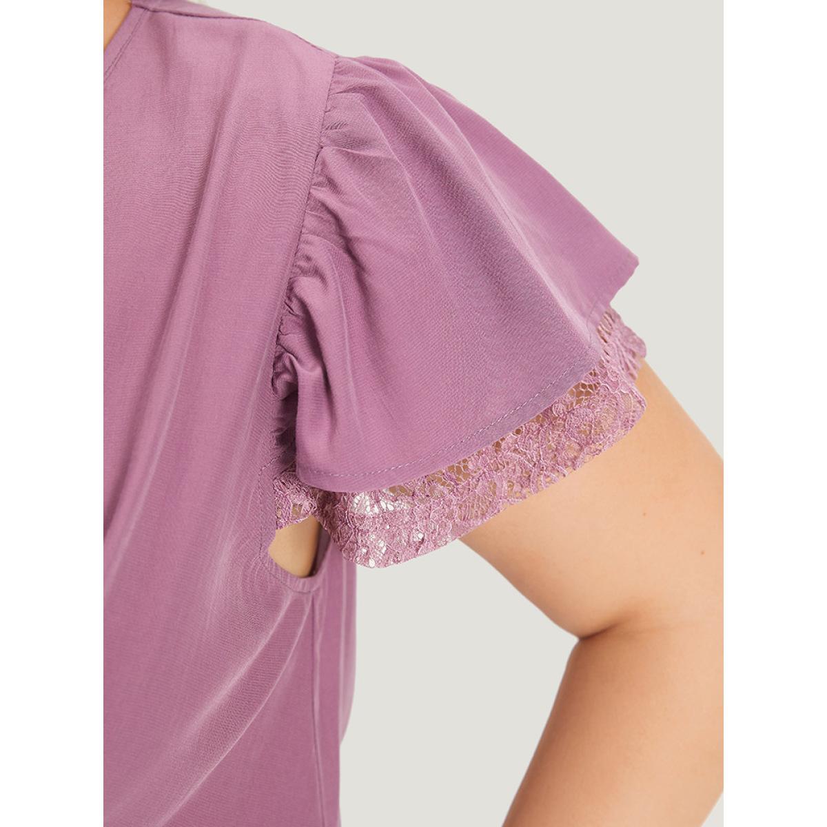 Plus Size Mauve Supersoft Essentials Solid Guipure Lace V Neck Twist Front Blouse Women Elegant Cap Sleeve V-neck Dailywear Blouses BloomChic 10/M Product Image