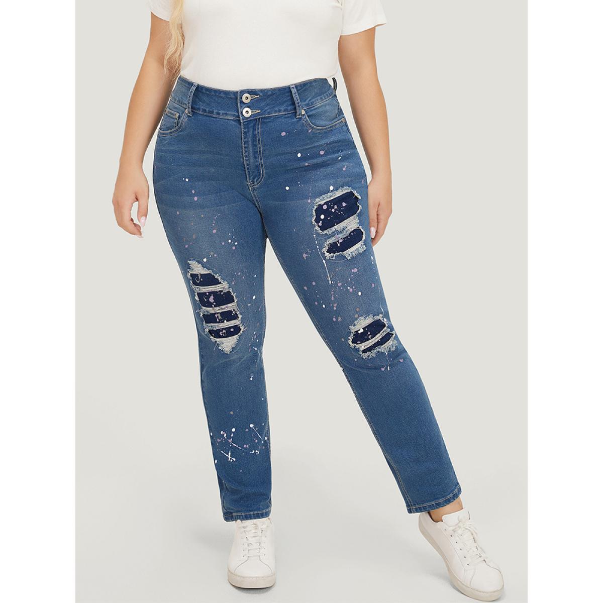 Plus Size Very Stretchy High Rise Medium Wash Paint Patched Jeans Women Blue Casual Plain Printed High stretch Pocket Jeans BloomChic 22/3X Product Image