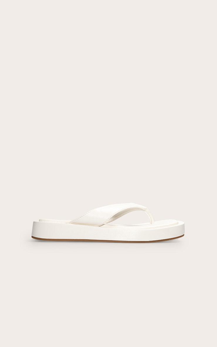 White Pu Round Toe Thong Flatform Sandals Product Image