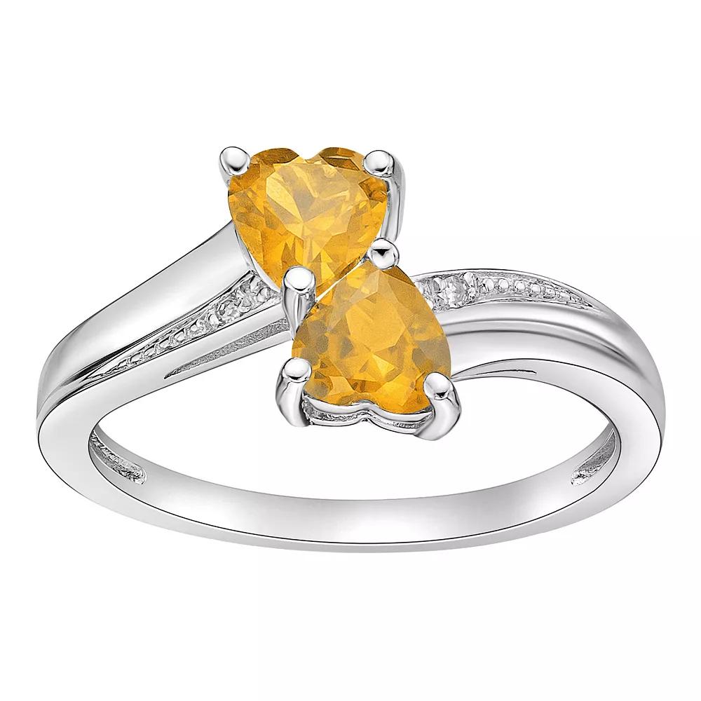 Gemminded Sterling Silver Gemstone & Diamond Accent Double Heart Bypass Ring, Women's, Size: 5, Citrine Product Image