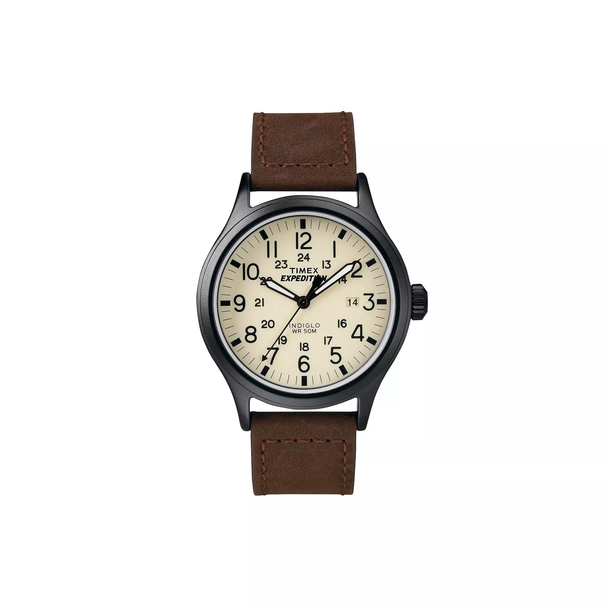 Men's Timex Expedition Scout Watch with Leather Strap - Black/Brown T49963JT Product Image