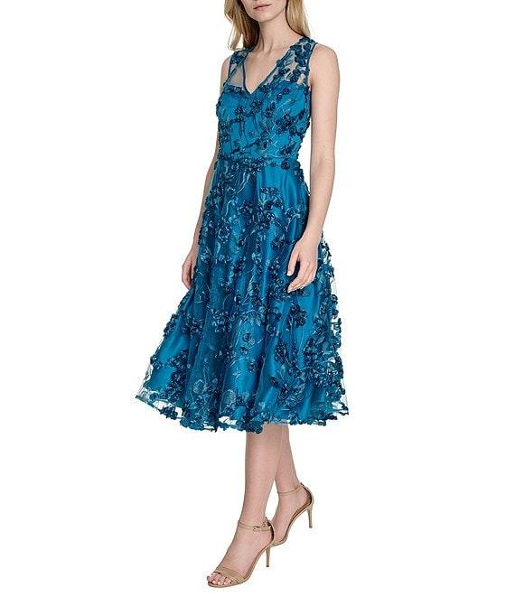 Eliza J Embroidered Mesh V-Neck 3D Floral Fit and Flare A-Line Midi Dress Product Image