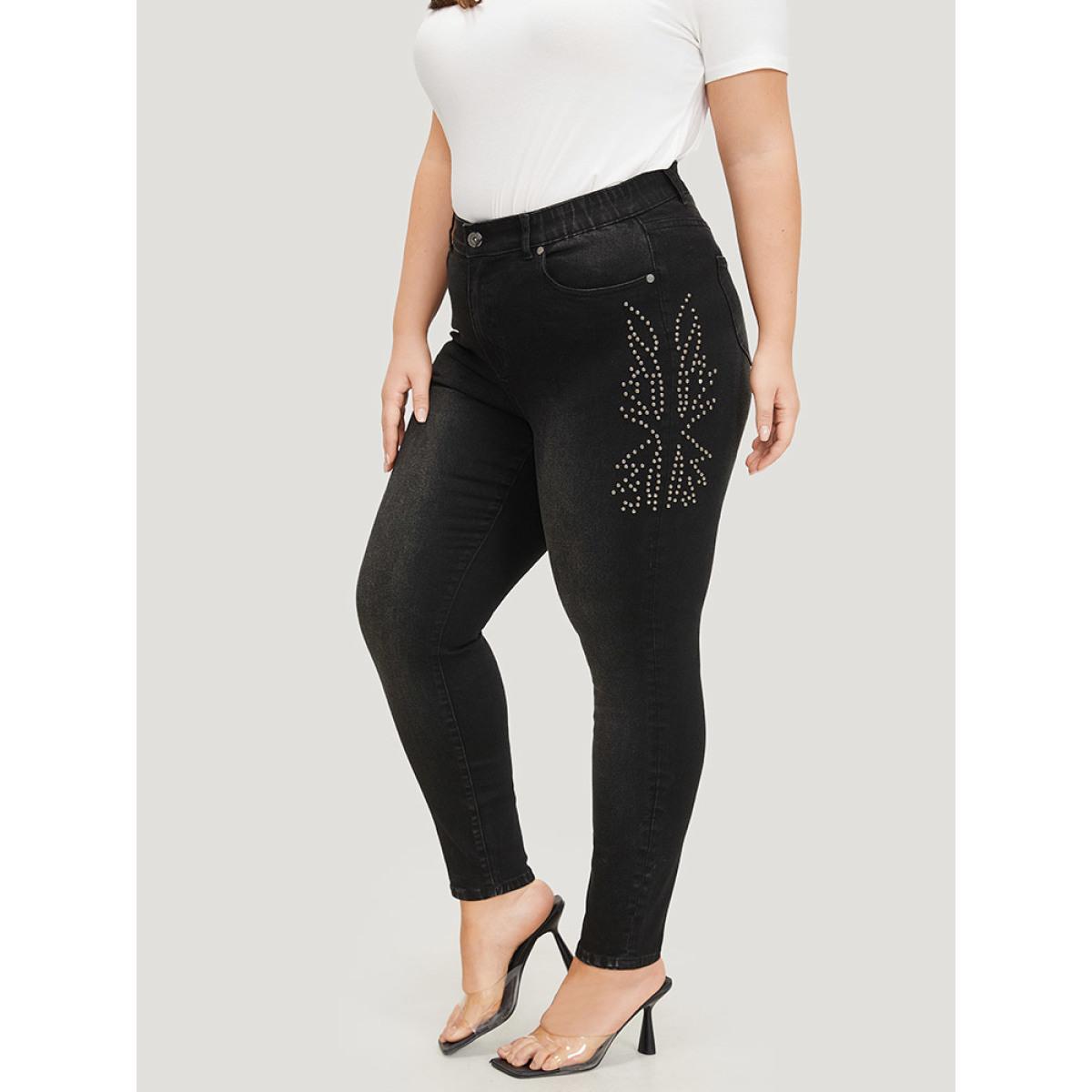 Plus Size Beaded Detail Pocket Very Stretchy Black Wash Jeans Women Black Casual Plain Beaded High stretch Pocket Jeans BloomChic 22/3X Product Image