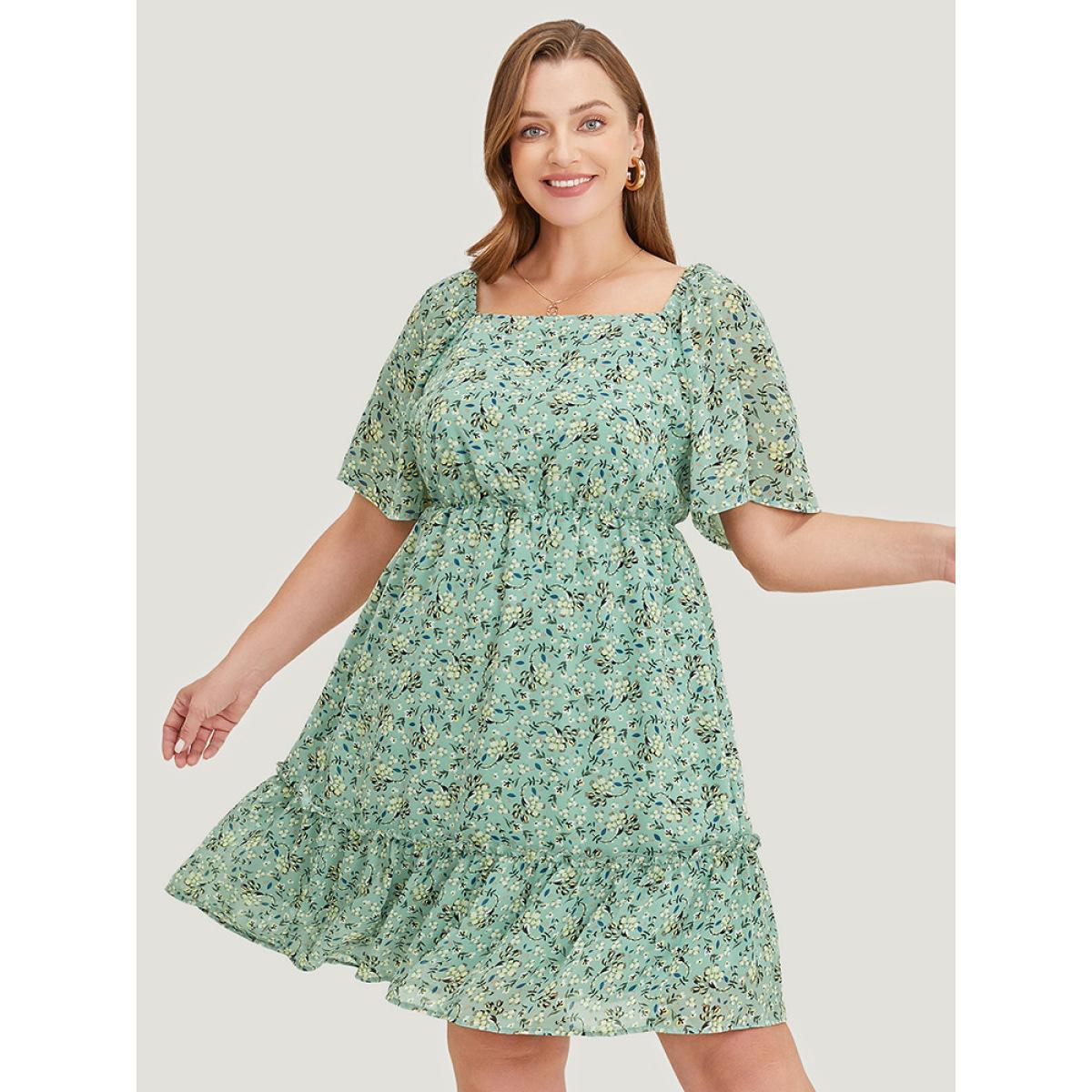 Plus Size Ditsy Floral Square Neck Frill Trim Pocket Ruffle Hem Dress Mint Women Elegant Lined Square Neck Short sleeve Curvy Short Dress BloomChic 28/5X Product Image