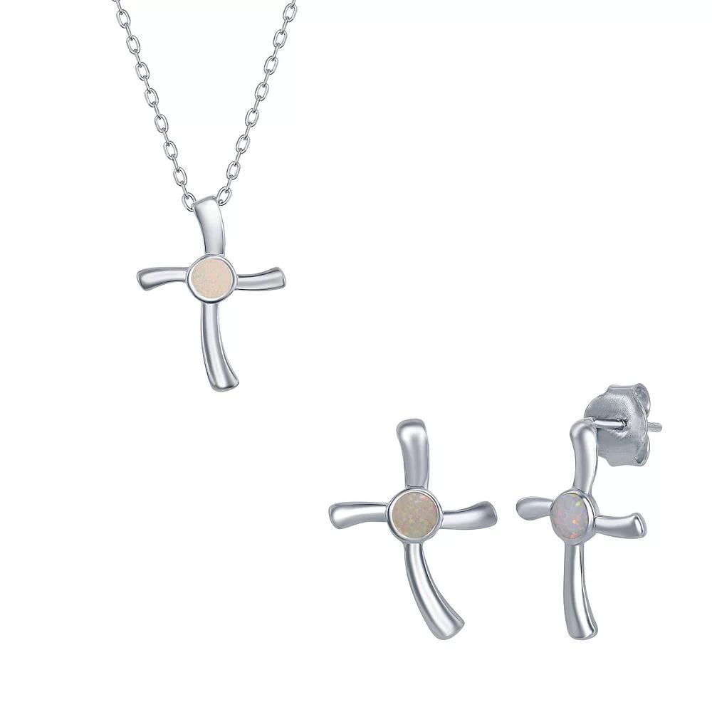 Sterling Silver Lab-Created Opal Cross Pendant Necklace & Earrings Set, Women's, Size: 18", White Product Image