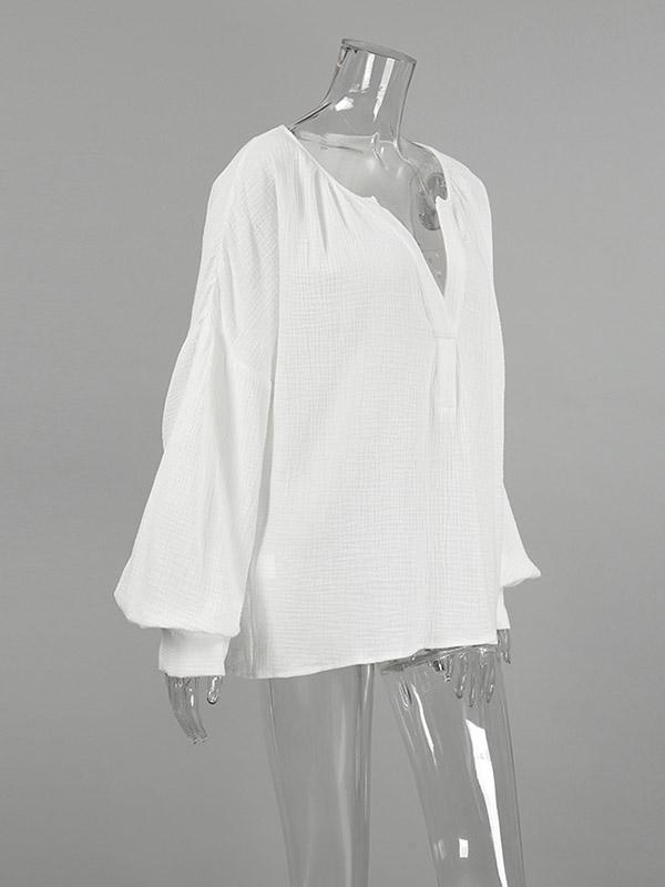 Loose Puff Sleeves Pleated Solid Color Split-Joint V-Neck Blouses&Shirts Tops Product Image
