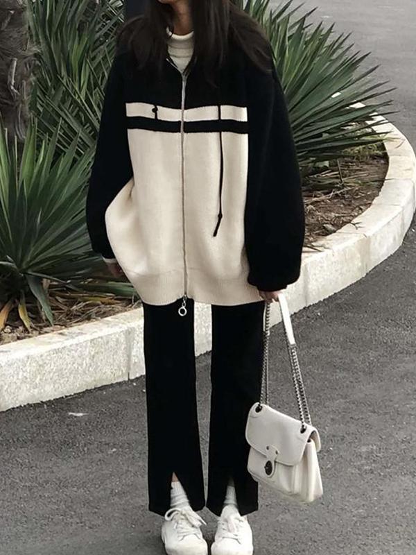 Contrast Color Splice Double Zip Hooded Cardigan Product Image