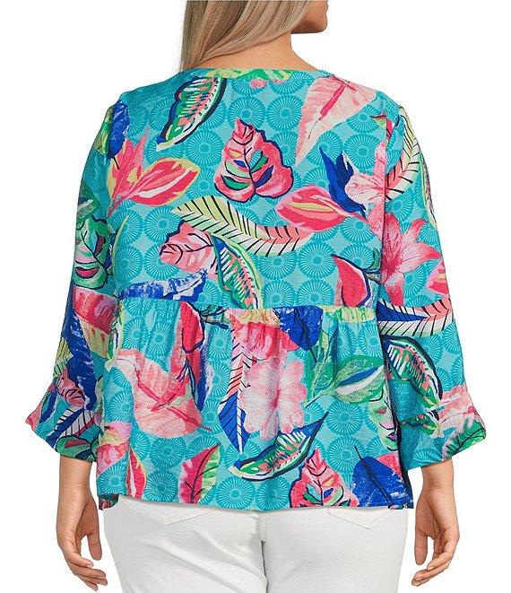 Ali Miles Plus Size Woven Tropical Leaf Print Round Neck 3/4 Sleeve Top Product Image