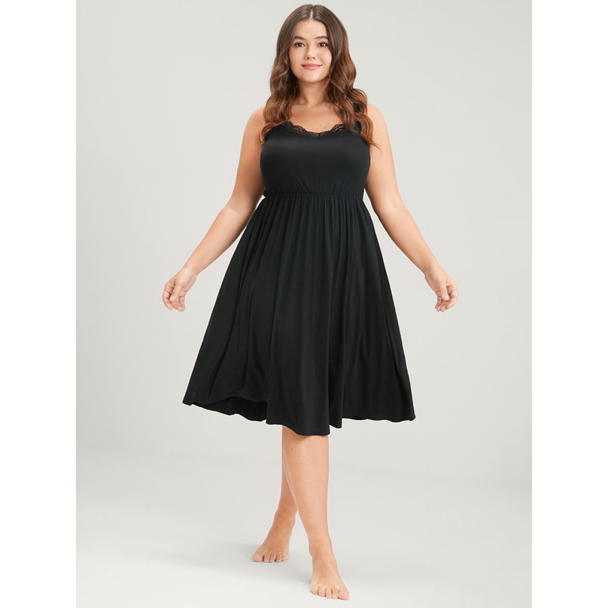 Plus Size Solid Lace Trim Backless Spaghetti Strap Dress Women Black Elegant Plain Lace V-neck Loungewear BloomChic 10/M Product Image