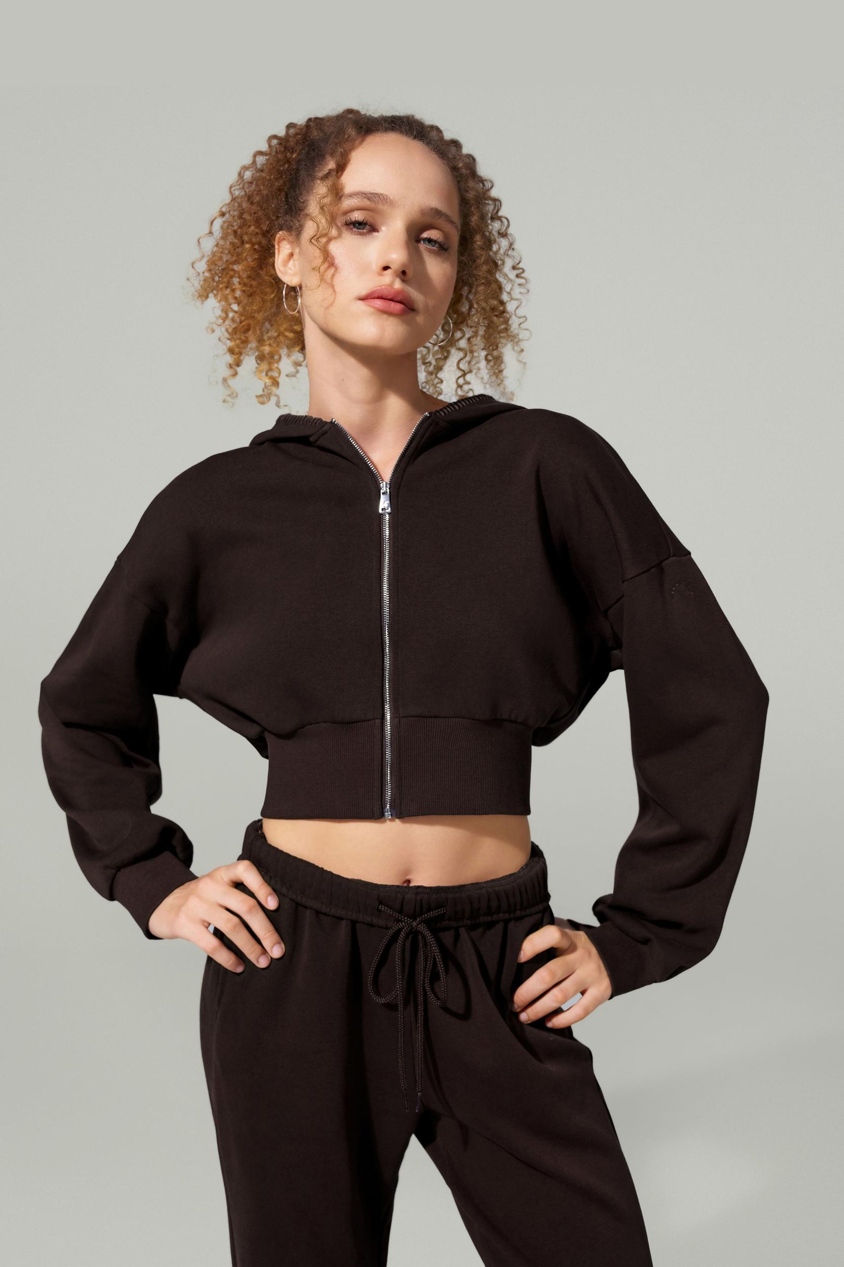 LILYSILK SILKERRY Womens Cropped Zip Up Hoodie | 100% Silk Loops | Cozy Zip-Up Jacket | Espresso L Product Image