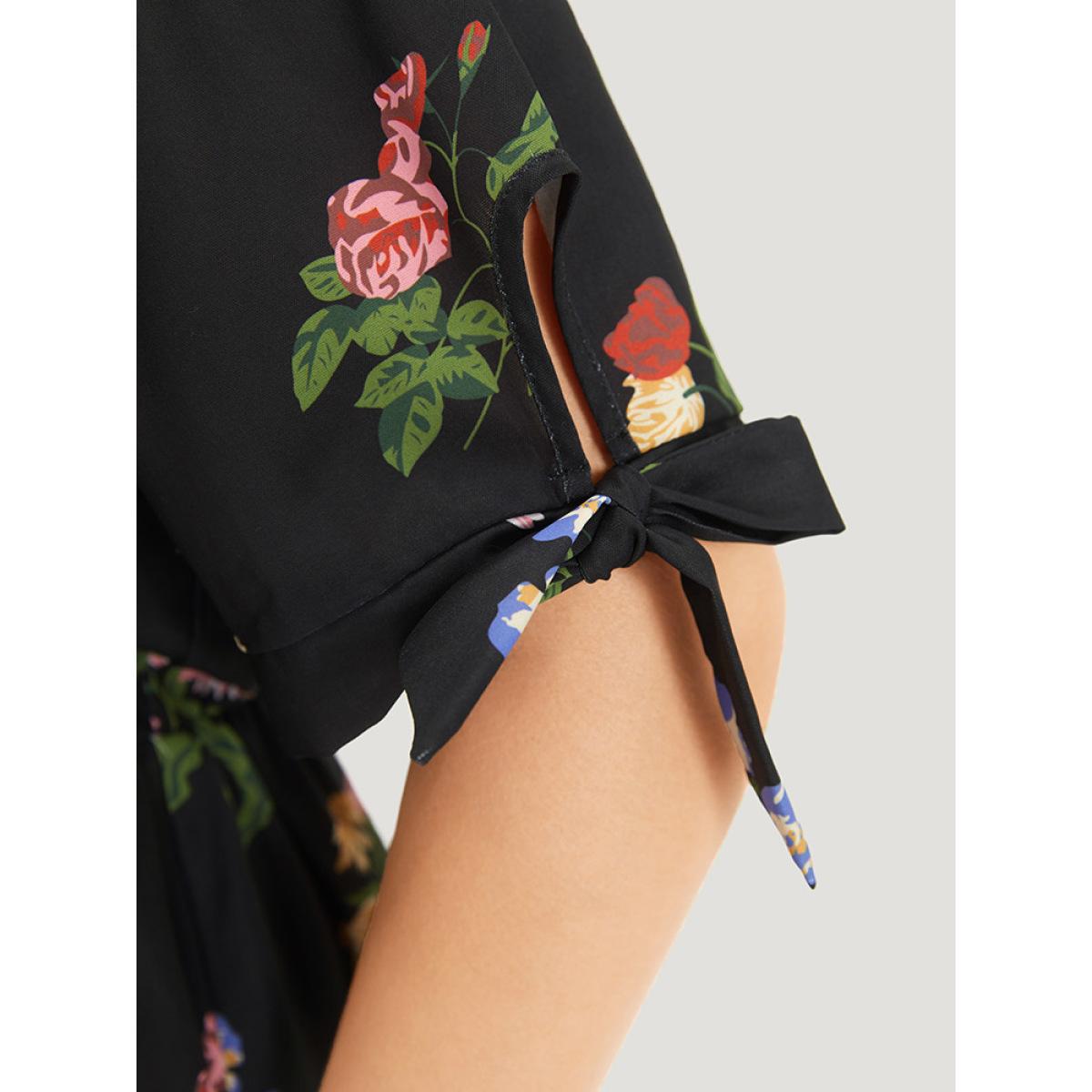 Plus Size Black Floral Print Knot Gathered Elastic Waist Blouse Women Elegant Short sleeve V-neck Dailywear Blouses BloomChic 10/M Product Image