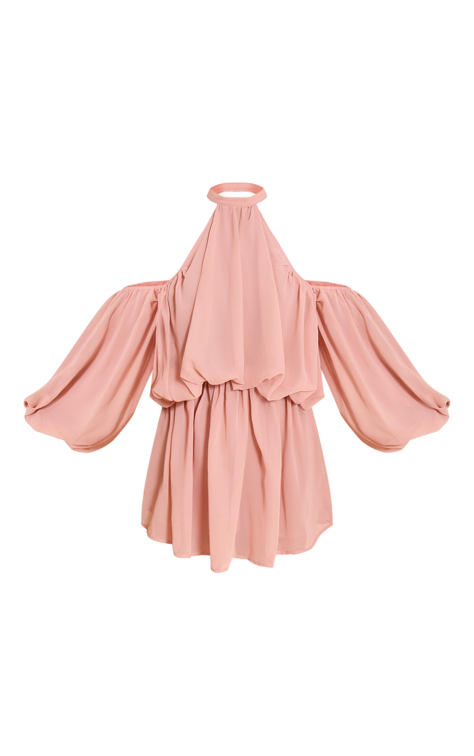 Pale Rose Chiffon Ruffle Off Shoulder Romper Product Image