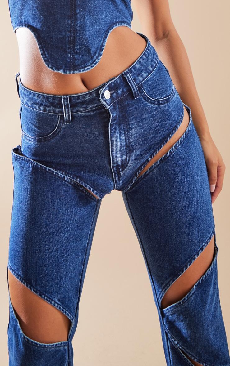 Dark Blue Wash Cut Out Thigh Straight Leg Jeans Product Image