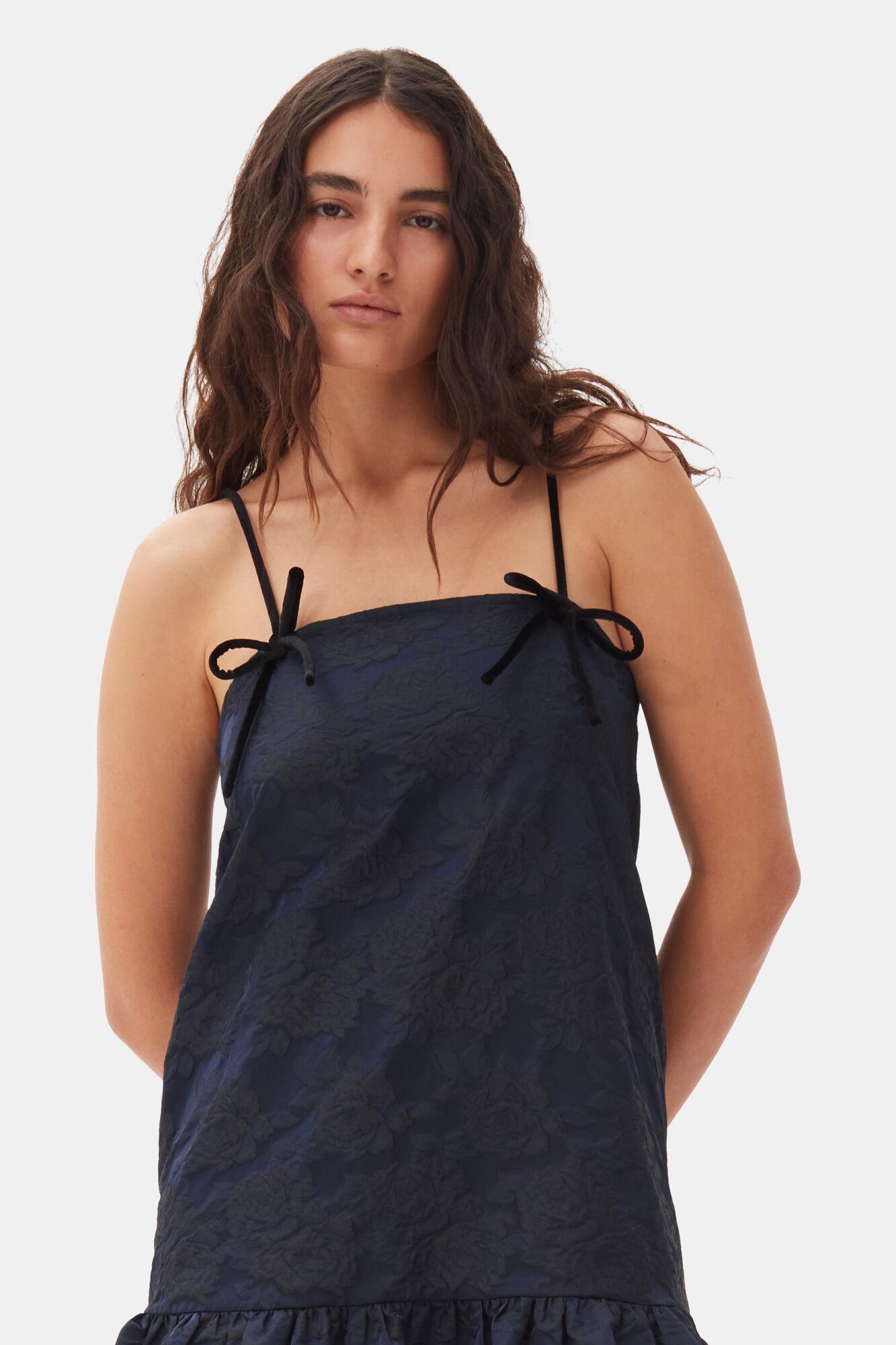 Navy Blue Botanical Jacquard Strap Midi Dress Product Image