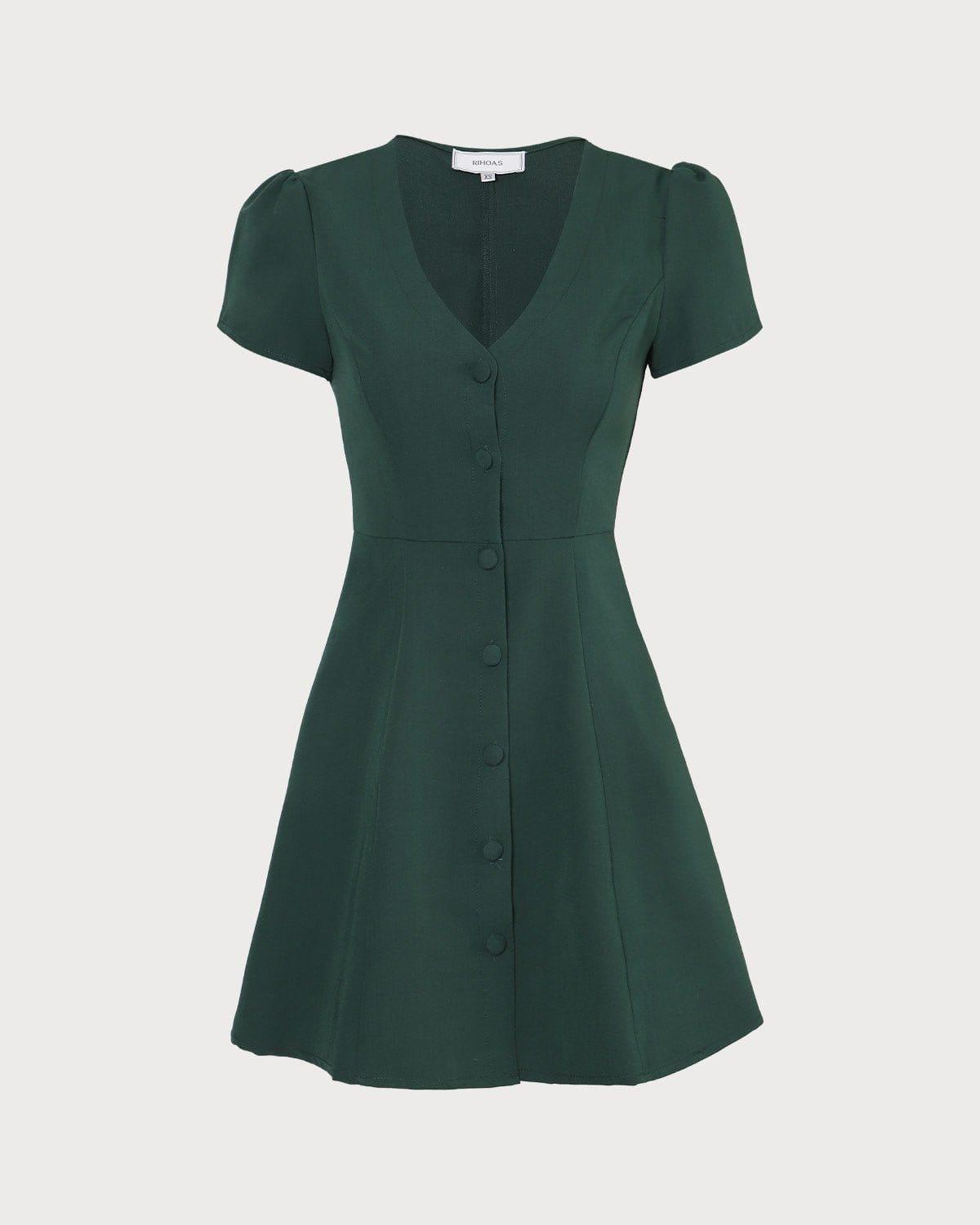The Dark Green V Neck Button-up Shirt Mini Dress Product Image