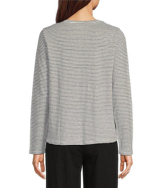 Eileen Fisher Striped Organic Linen Jersey Crew Neck Long Sleeve Tee Product Image
