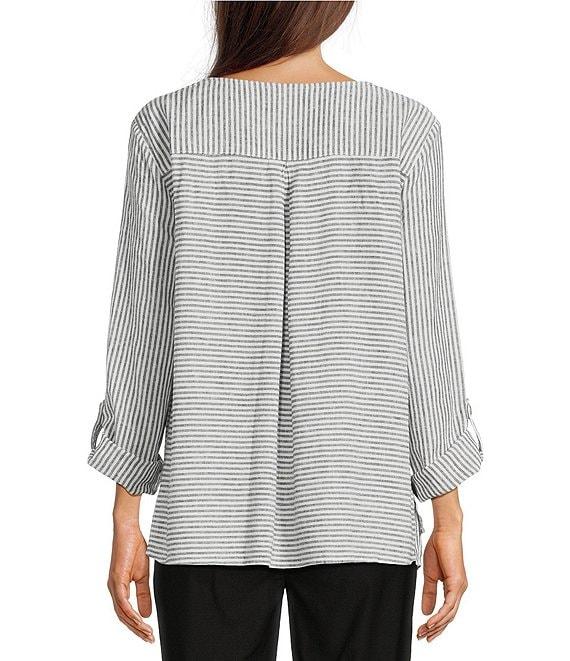 Ali Miles Woven Yarn-Dyed Linen Blend Scoop Neck 3/4 Roll-Tab Sleeve Tunic Product Image