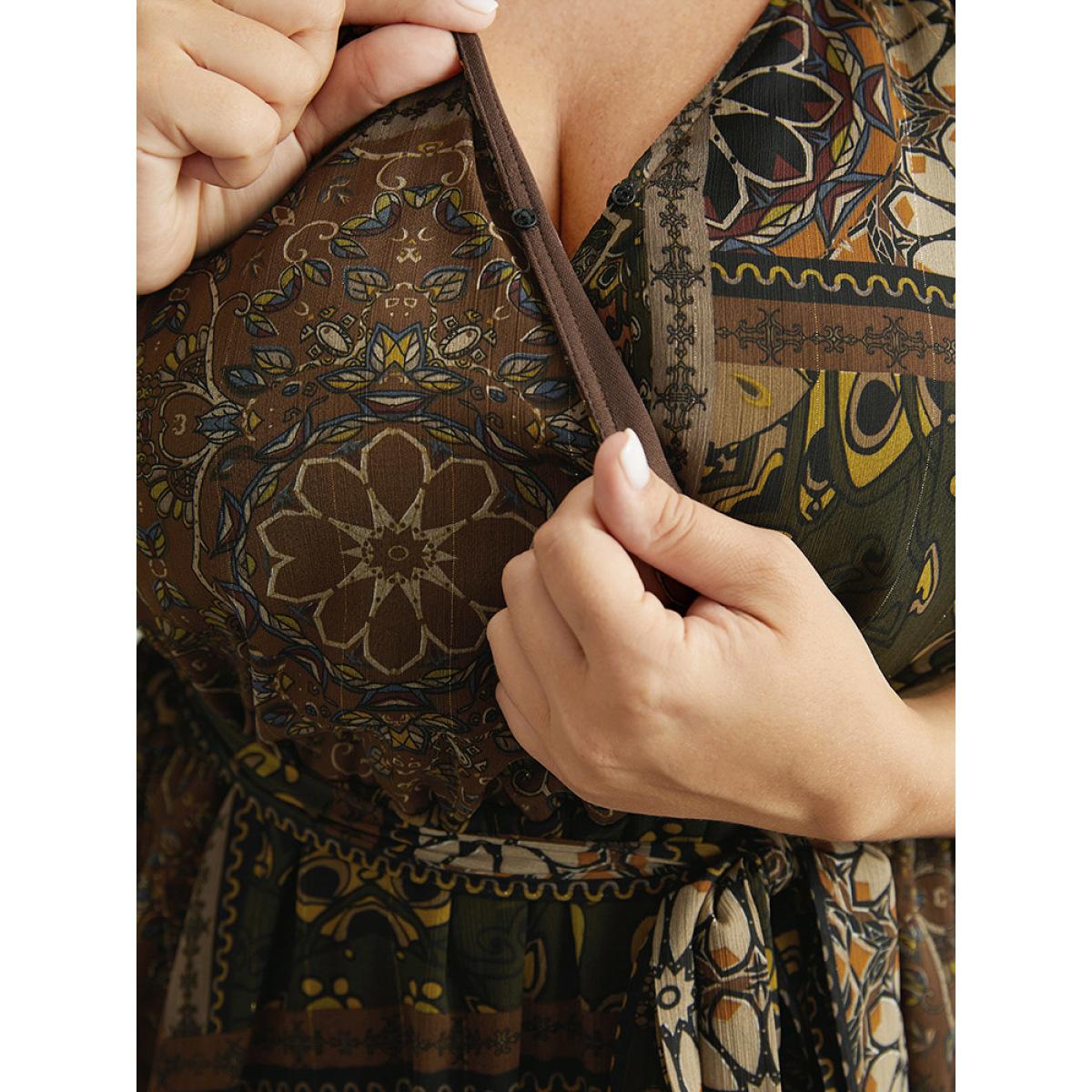 Plus Size Boho Print Wrap Elastic Waist Belted Dress LightBrown Women Vacation Elastic cuffs V-neck Elbow-length sleeve Curvy Midi Dress BloomChic 14-16/1X Product Image