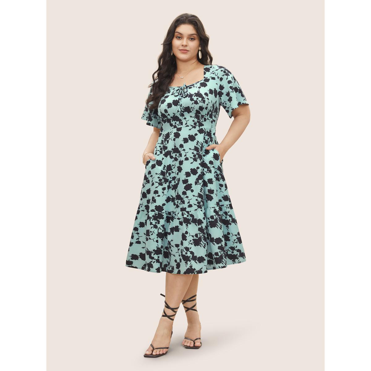 Plus Size Silhouette Floral Print Knot Neck Flutter Hem Dress LightBlue Women Elegant Non Square Neck Short sleeve Curvy Midi Dress BloomChic 14-16/1X Product Image