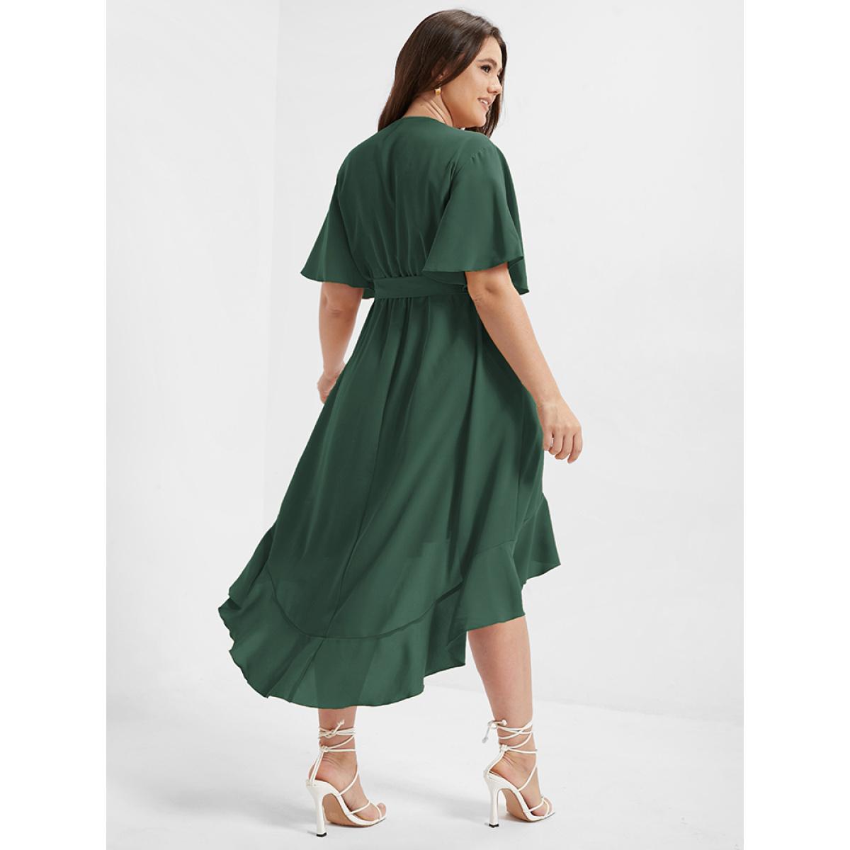 Plus Size Bloom Dress - Solid Tie Surplice Ruffle High Low Dress DarkGreen Women Elegant Cross straps V-neck Short sleeve Curvy Midi Dress BloomChic 12/L Product Image