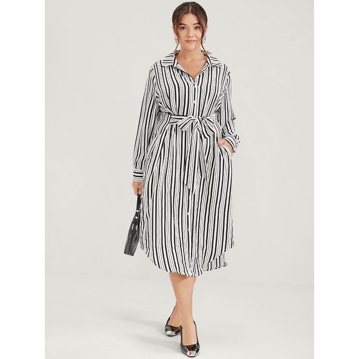 Plus Size Striped Button Pocket Kontted Shirt Collar Arc Hem Dress Black Women Office Arc Hem Shirt collar Long Sleeve Curvy Midi Dress BloomChic 22-24/3X Product Image