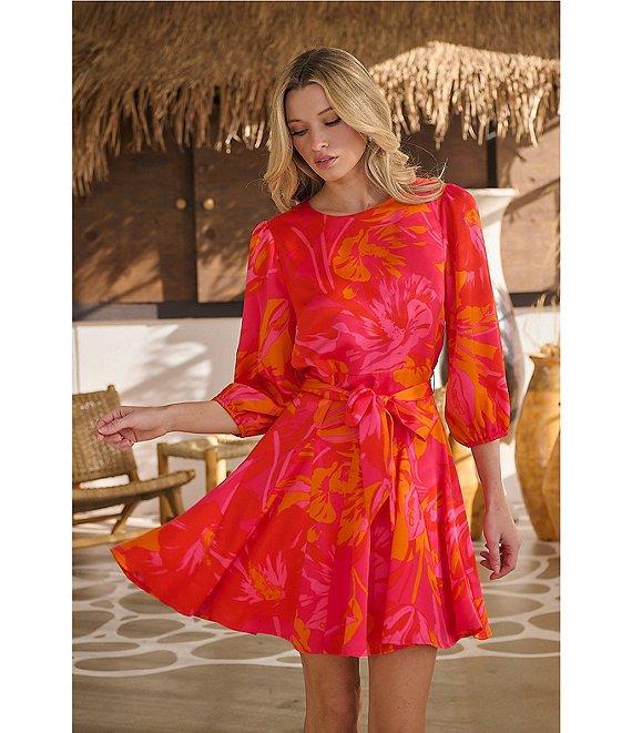 Sugarlips Floral Print Crew Neck Long Balloon Sleeve Mini Dress Product Image