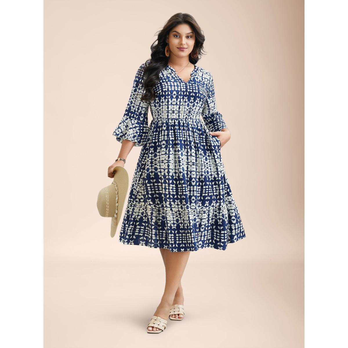 Plus Size Tie-Dye Notched Collar Ruffle Tiered Midi Dress Indigo Women Resort Ruffles Notched collar Elbow-length sleeve Curvy BloomChic 22-24/3X Product Image