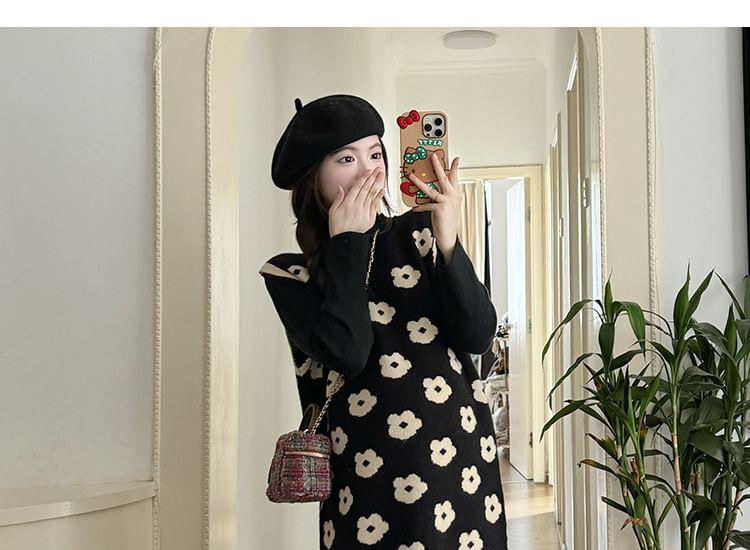 Maternity Long-Sleeve Turtleneck Plain Knit Top / Crew Neck Floral Print Contrast Trim Midi Jumper Dress Product Image