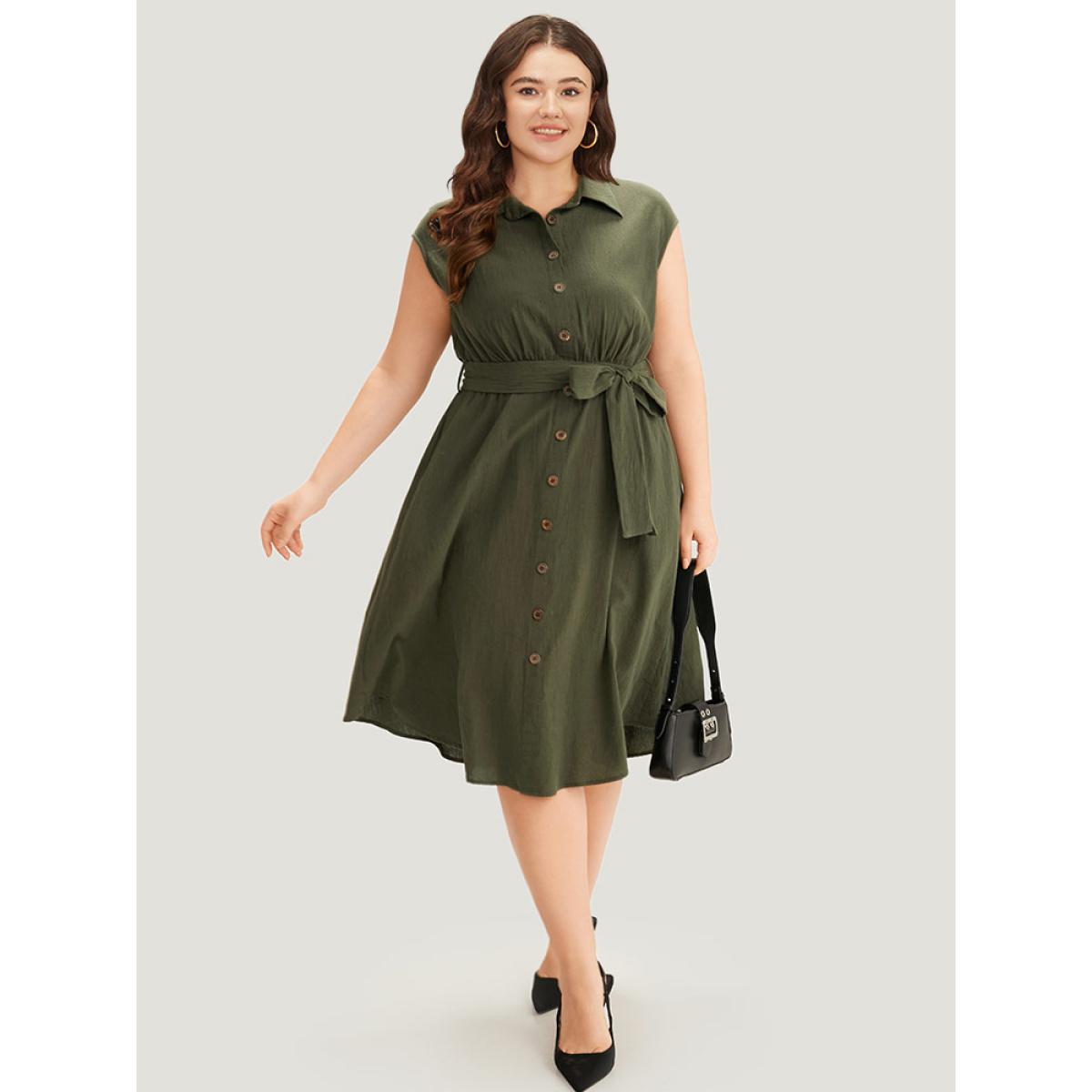 Plus Size Solid Shirt Collar Belted Button Up Tank Dress ArmyGreen Women Office Plain Shirt collar Sleeveless Curvy Knee Dress BloomChic 26/4X Product Image