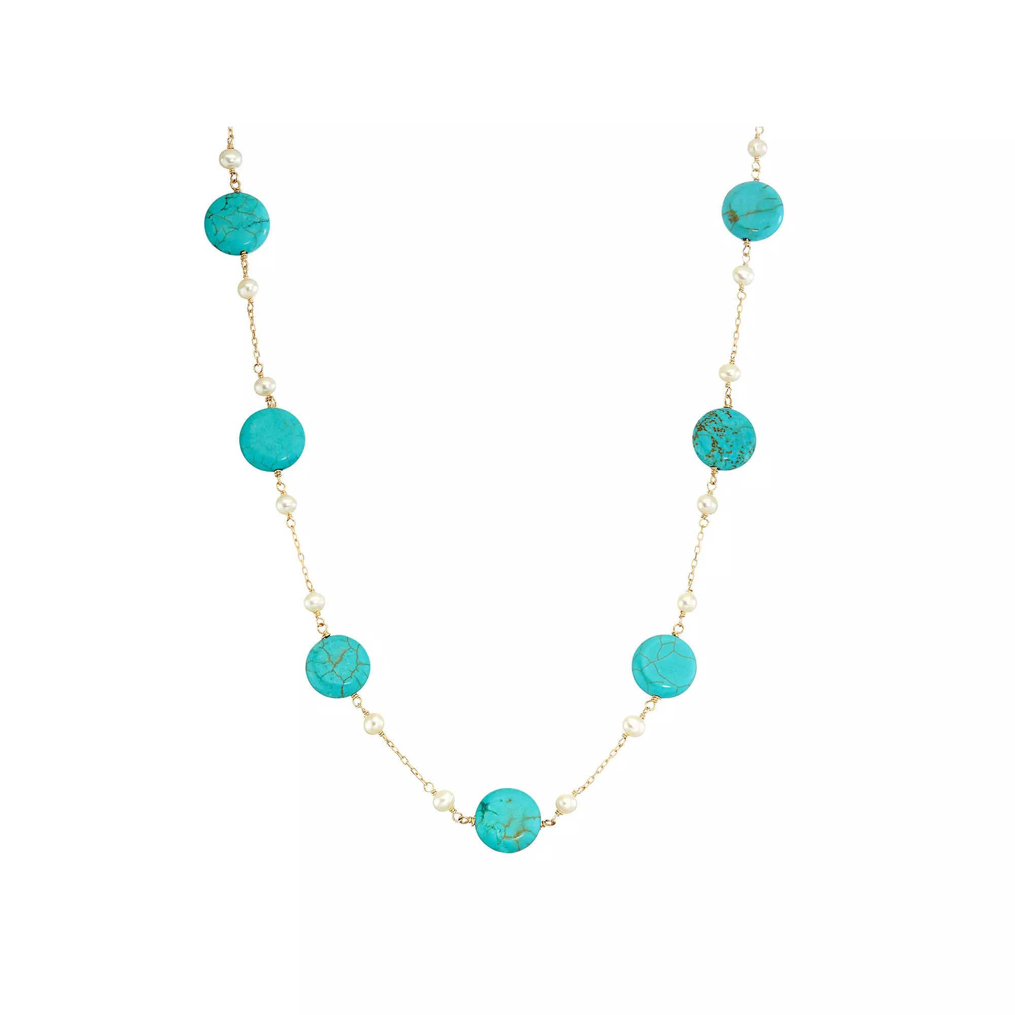 14k Gold Turquoise & Freshwater Cultured Pearl Station Necklace, Women's, Size: 18", Blue Product Image