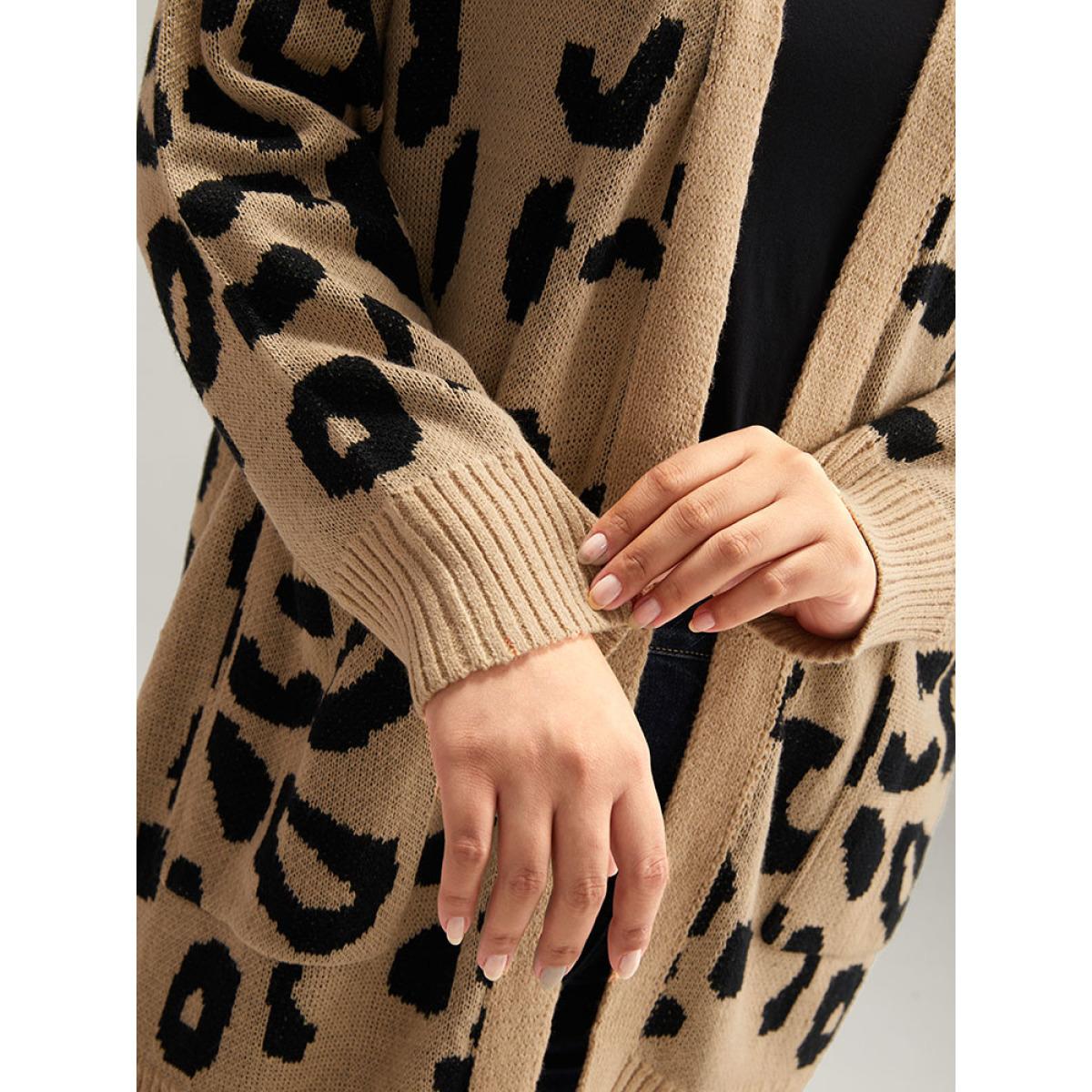 Plus Size Leopard Elastic Cuffs Drop Shoulder Cardigan Leopard Women Casual Loose Long Sleeve Everyday Cardigans BloomChic 22-24/3X Product Image