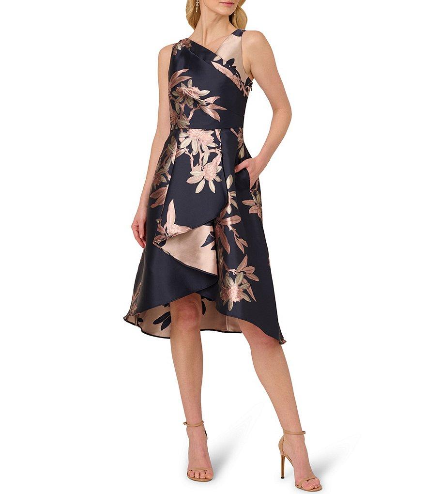 Adrianna Papell Asymmetrical Neckline Sleeveless Floral Print Jacquard Dress Product Image