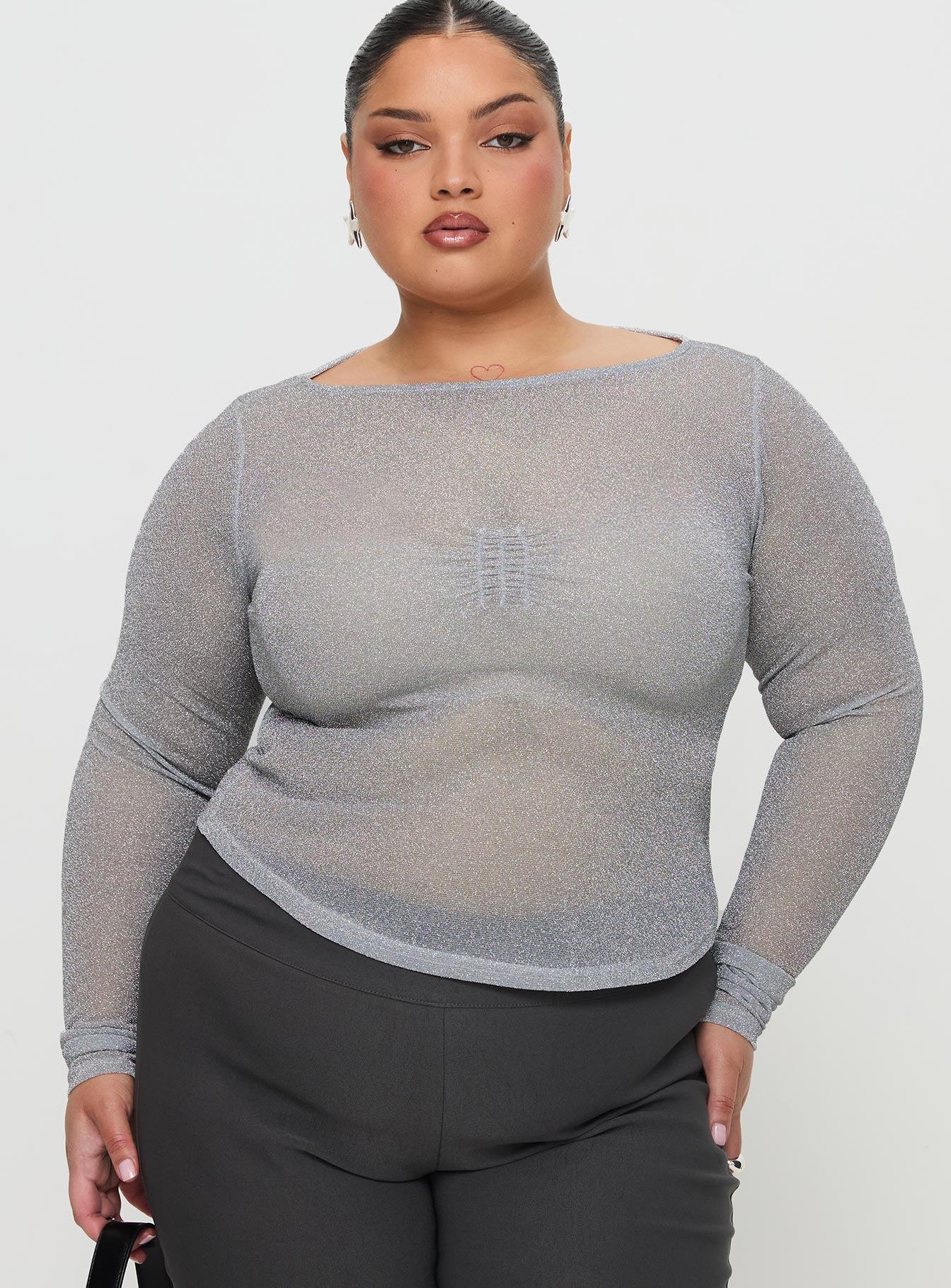 Crystal Clear Long Sleeve Mesh Top Silver Product Image