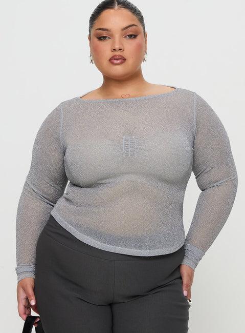 Crystal Clear Long Sleeve Mesh Top Silver Product Image