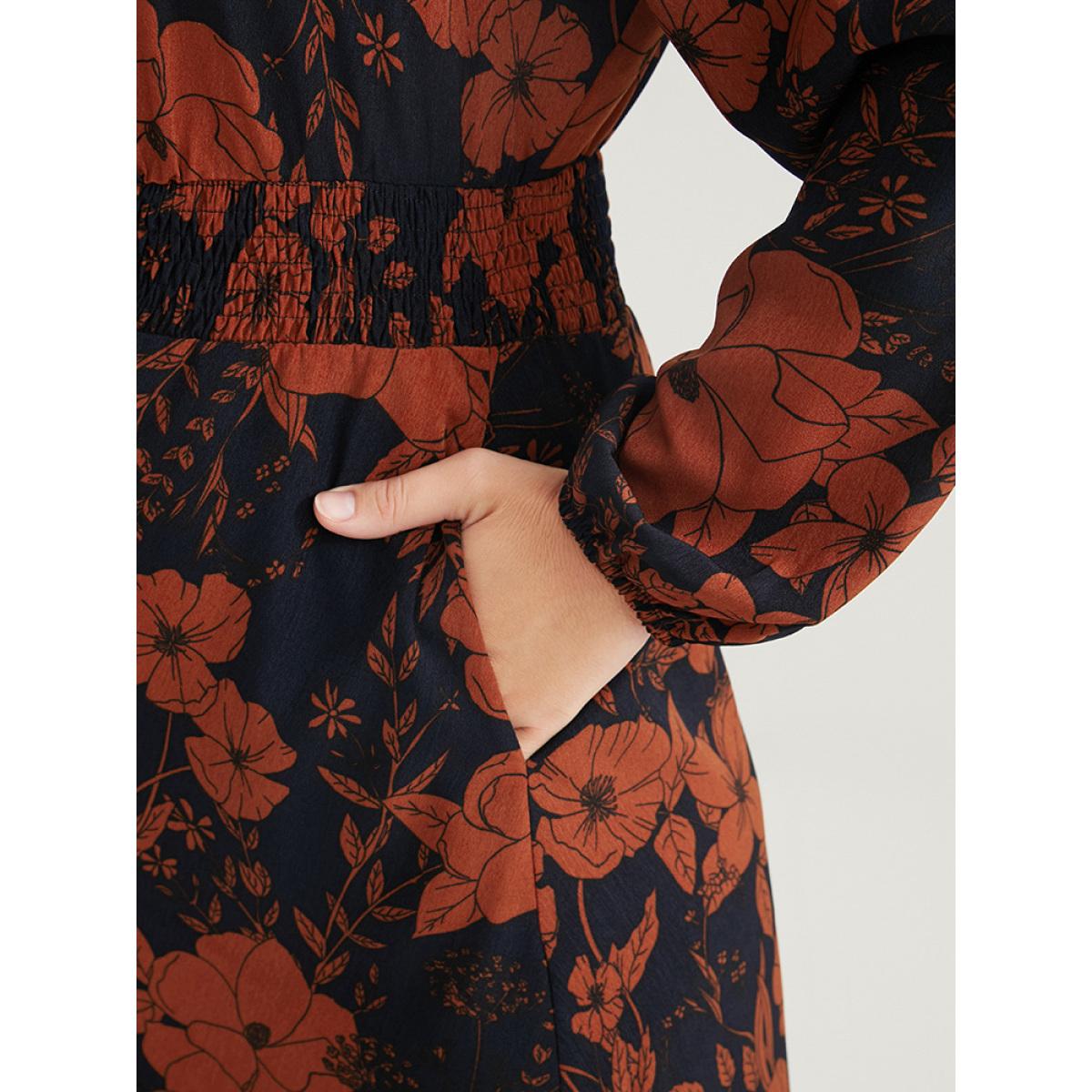 Plus Size Floral Print Pocket Wrap Lantern Sleeve Split Hem Dress Navy Women Elegant Pocket V-neck Long Sleeve Curvy Midi Dress BloomChic 10/M Product Image