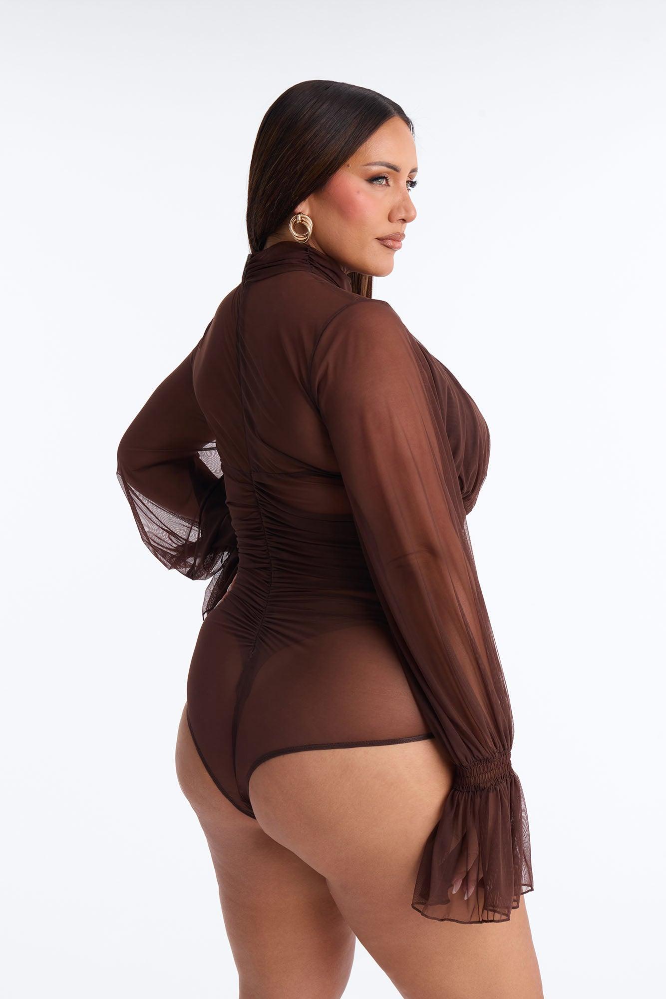 Juliet Ruched Mesh Long Sleeve Bodysuit - Brown Female Product Image