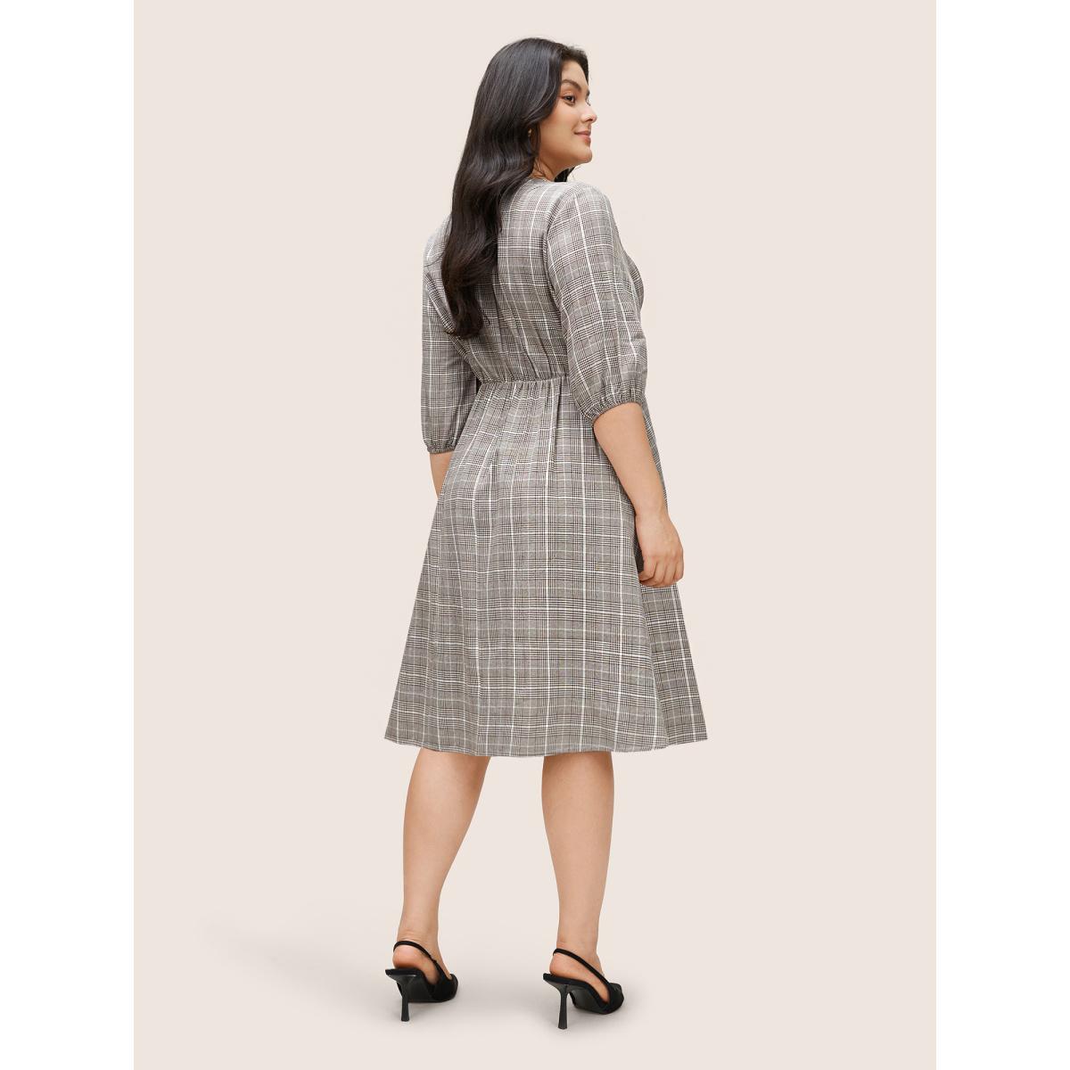 Plus Size Plaid Button Detail Pocket Lantern Sleeve Dress Chocolate Women At the Office Non Round Neck Elbow-length sleeve Curvy Knee Dress BloomChic 18-20/2X Product Image