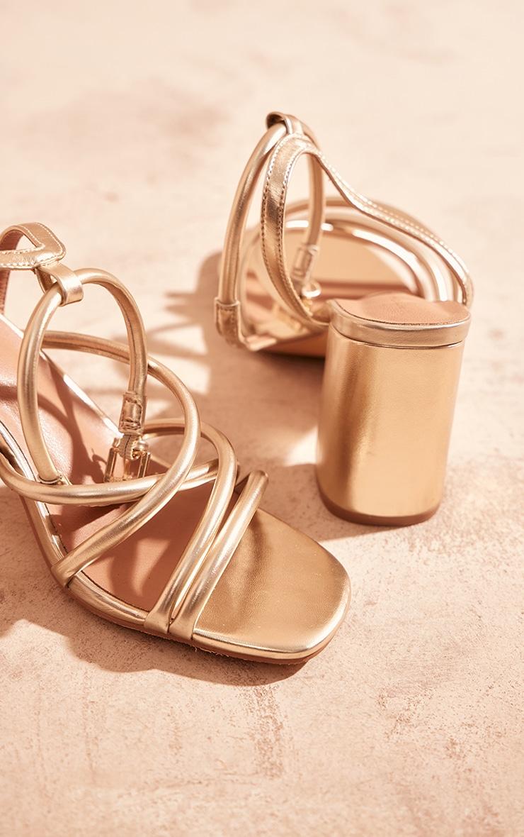 Gold Metallic Pu Round Toe Multi Strap Block Heeled Sandals Product Image