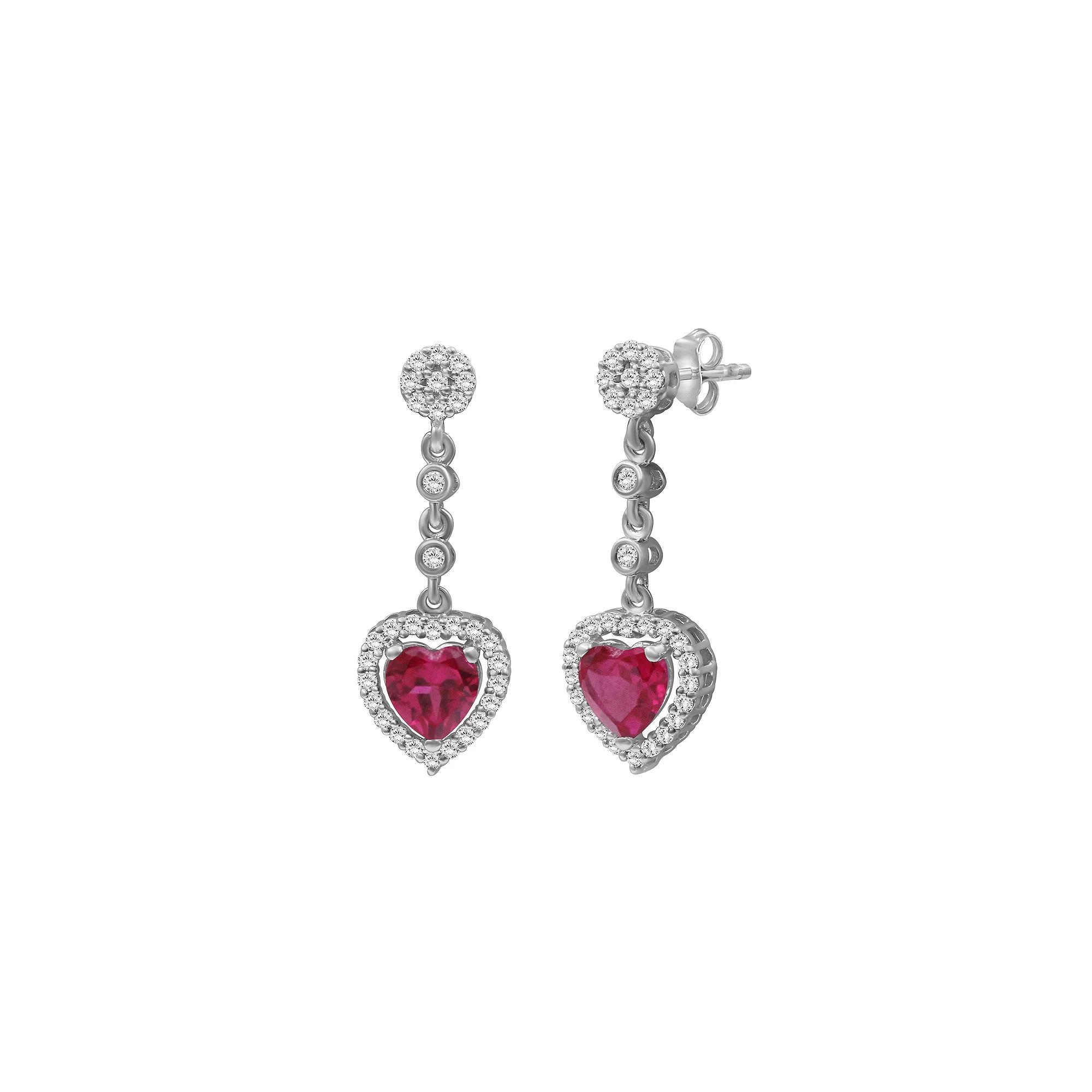 Jewelexcess Sterling Silver Lab-Created Ruby & Lab-Created White Sapphire Heart Drop Earrings, Women's Product Image