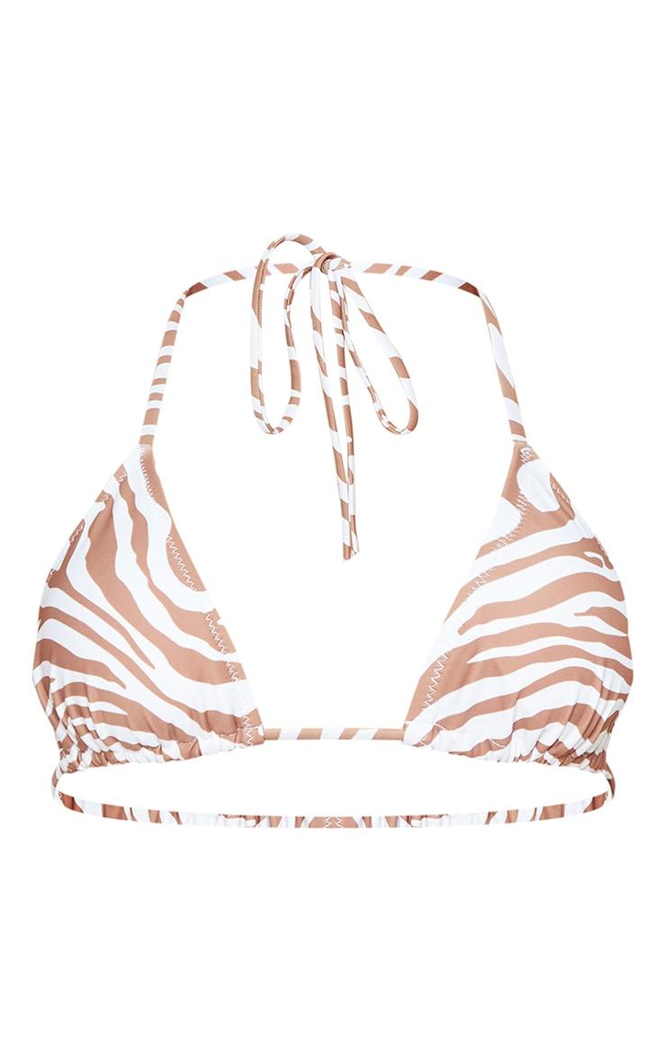 Brown Zebra Print Adjustable String Tie Padded Triangle Bikini Top Product Image