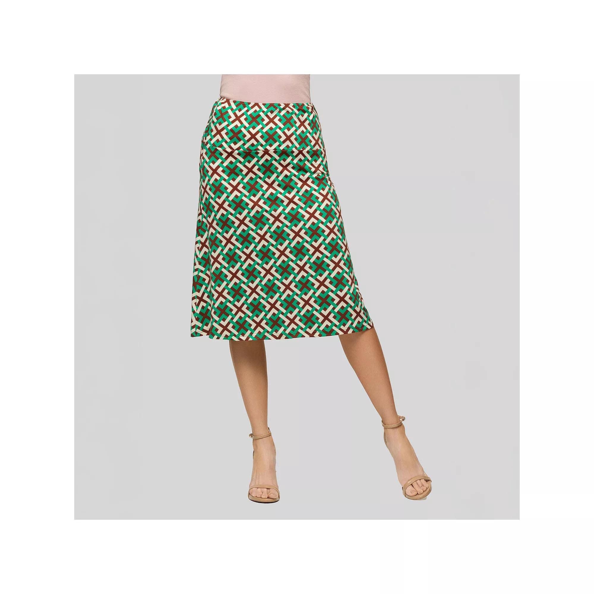Women's 24Seven Comfort Apparel Print Comfortable Elastic Waist Knee Length Skirt, Size: Large, Green Team Product Image