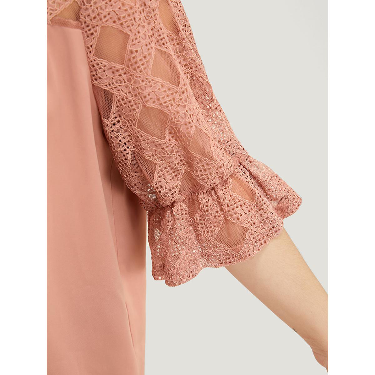 Plus Size DustyPink Solid Lace Mesh Panel Bell Sleeve Blouse Women Elegant Elbow-length sleeve Round Neck Dailywear Blouses BloomChic 26/4X Product Image