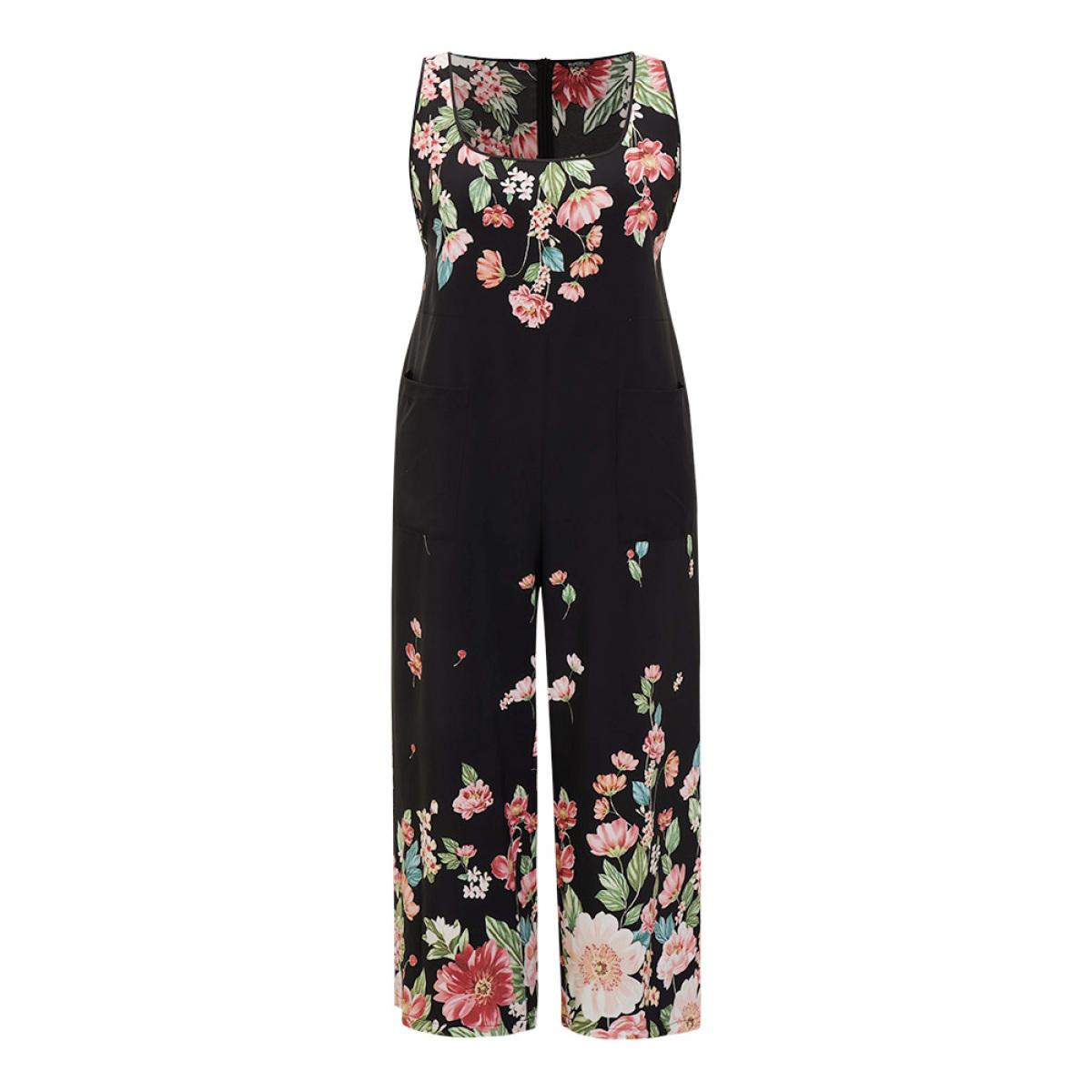 Plus Size Black Floral Square Neck Zip Back Pocket Jumpsuit Women Elegant Sleeveless Square Neck Dailywear Loose Jumpsuits BloomChic 28/5X Product Image