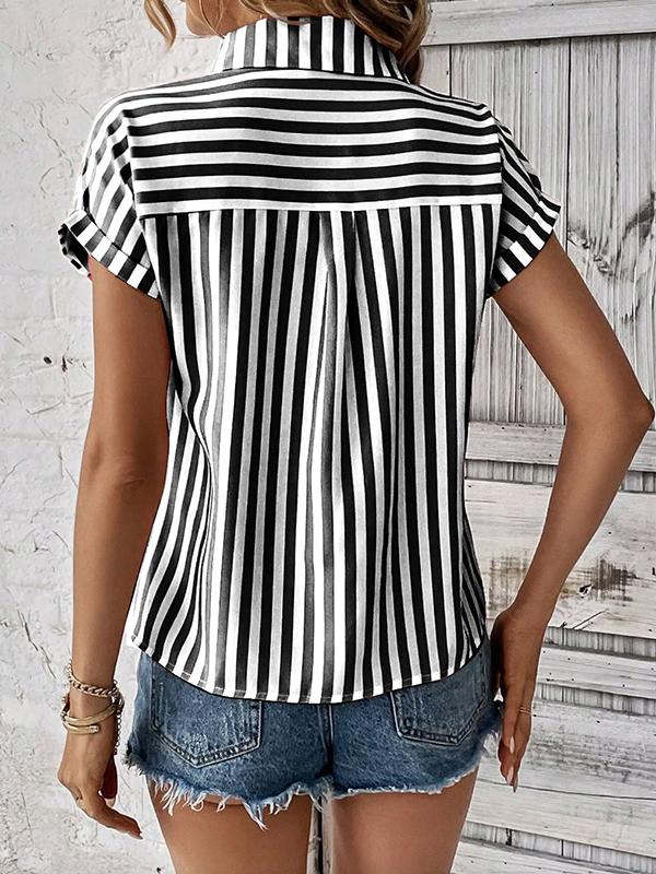 Loose Short Sleeves Contrast Color Split-Joint Striped Patterns Lapel Blouses&Shirts Tops Product Image