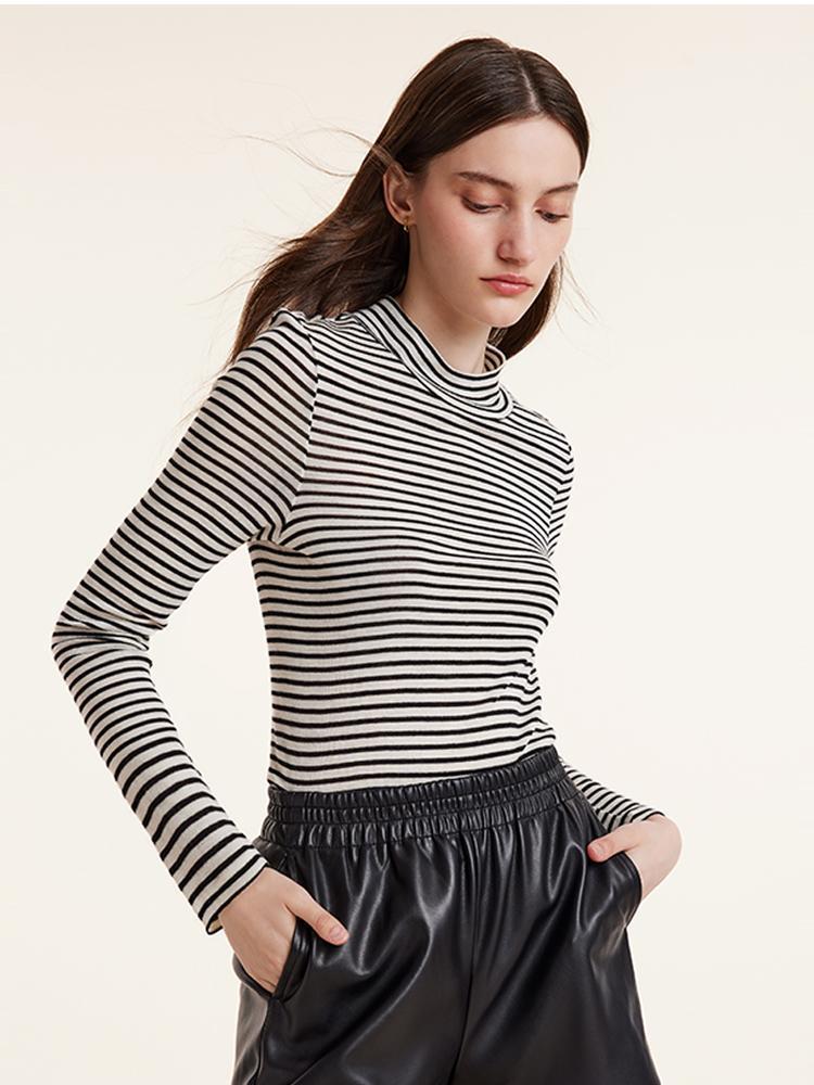 Washable Wool Striped Mock Neck Slim Women Sweater Product Image