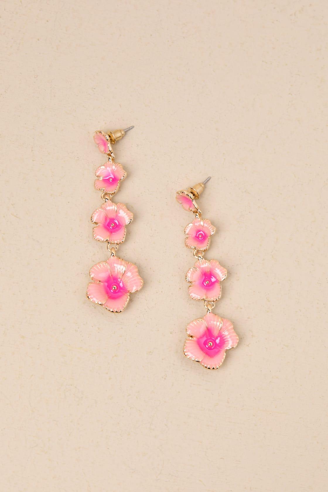 Blossoming Glow Pink and Gold Flower Drop Earrings Product Image